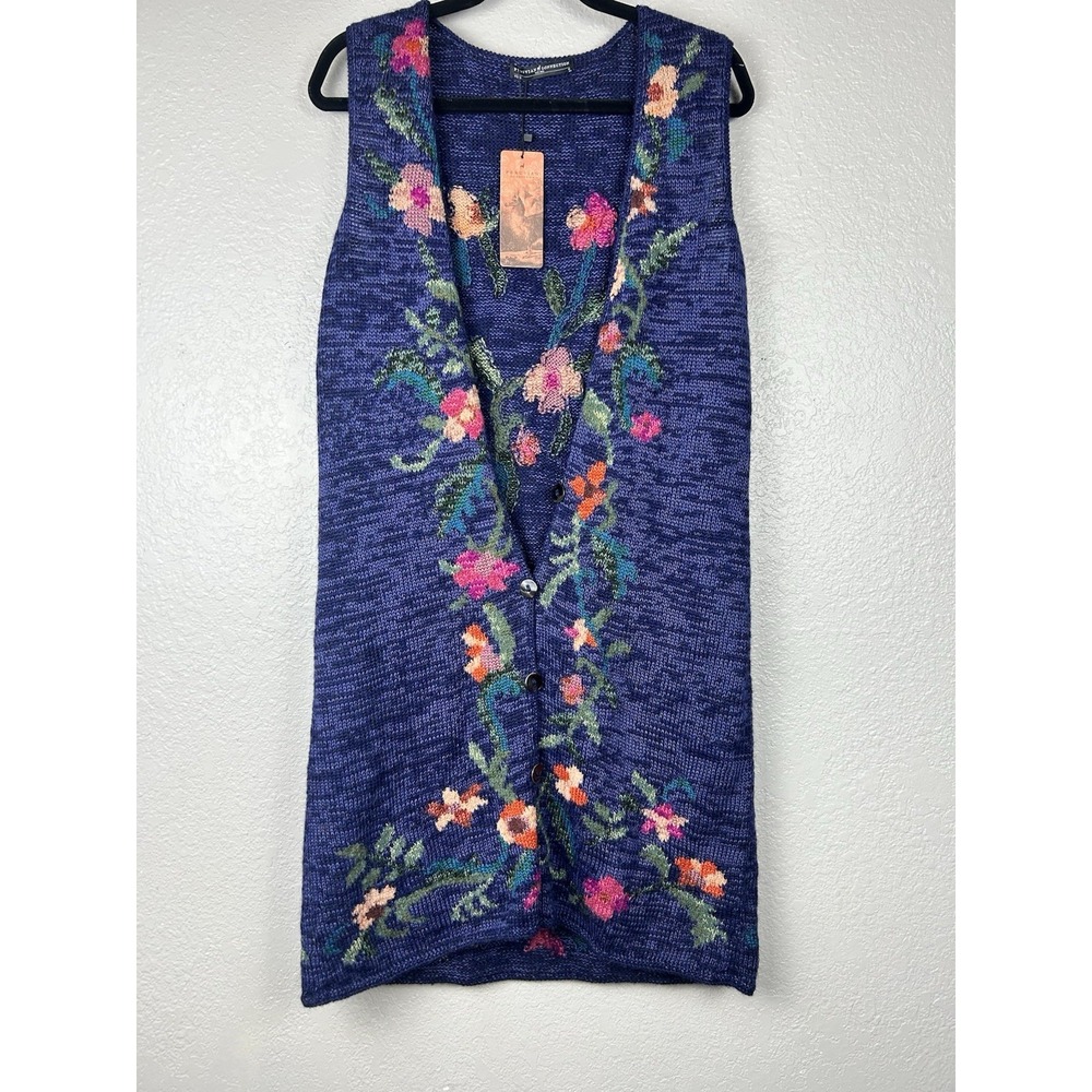 Peruvian Connection Blue Floral Duster Alpaca Pima Cotton Blend Boho Art Medium